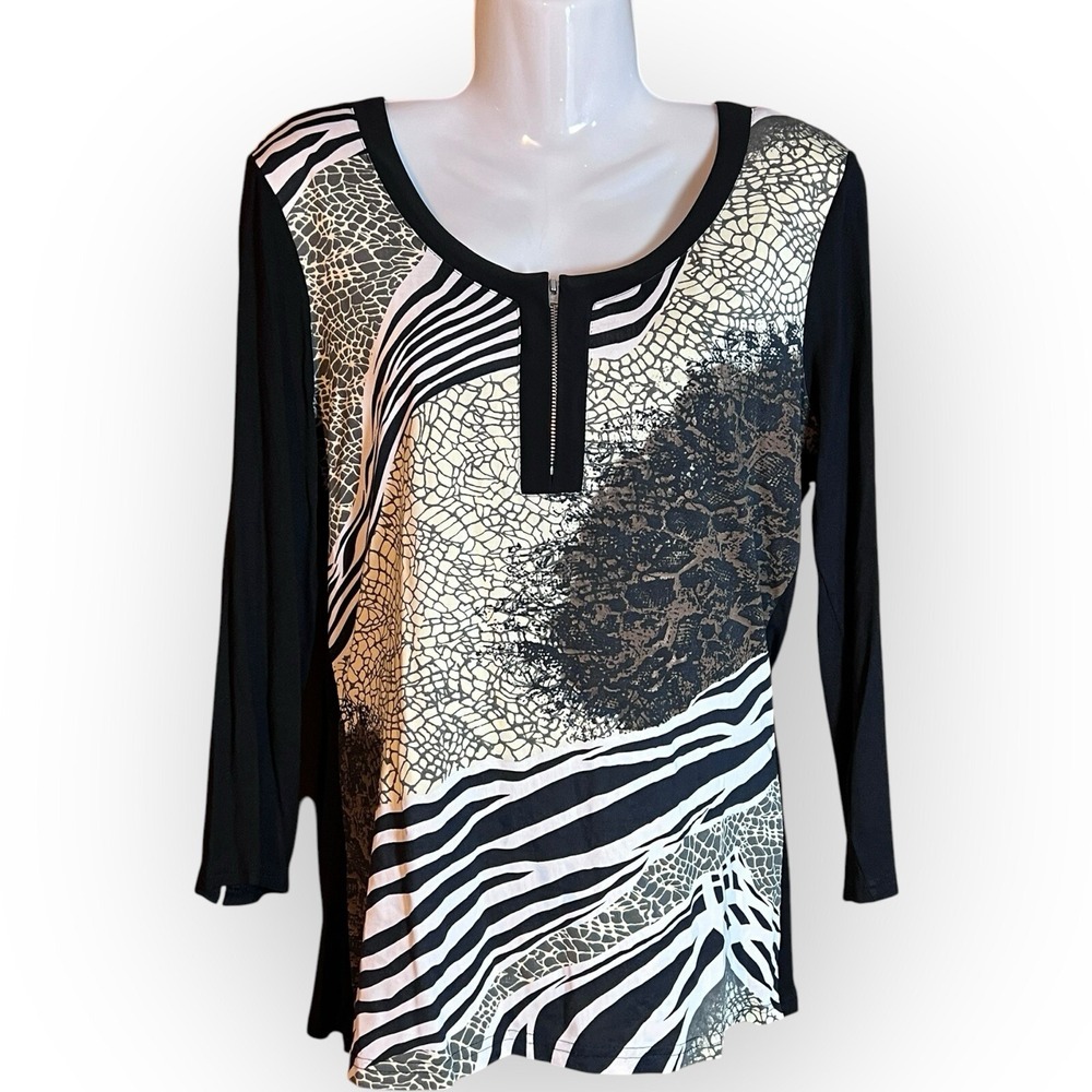 Snakeskin Design Stretchy 1/4 Zip Blouse Office Siren Corp Sz M /L‎ Tango Mango